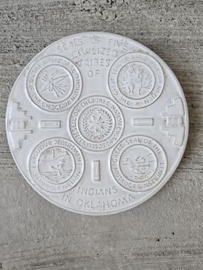 Vintage Frankoma Pottery Trivet Seals of 5 Civilized Tribes of Indians White
